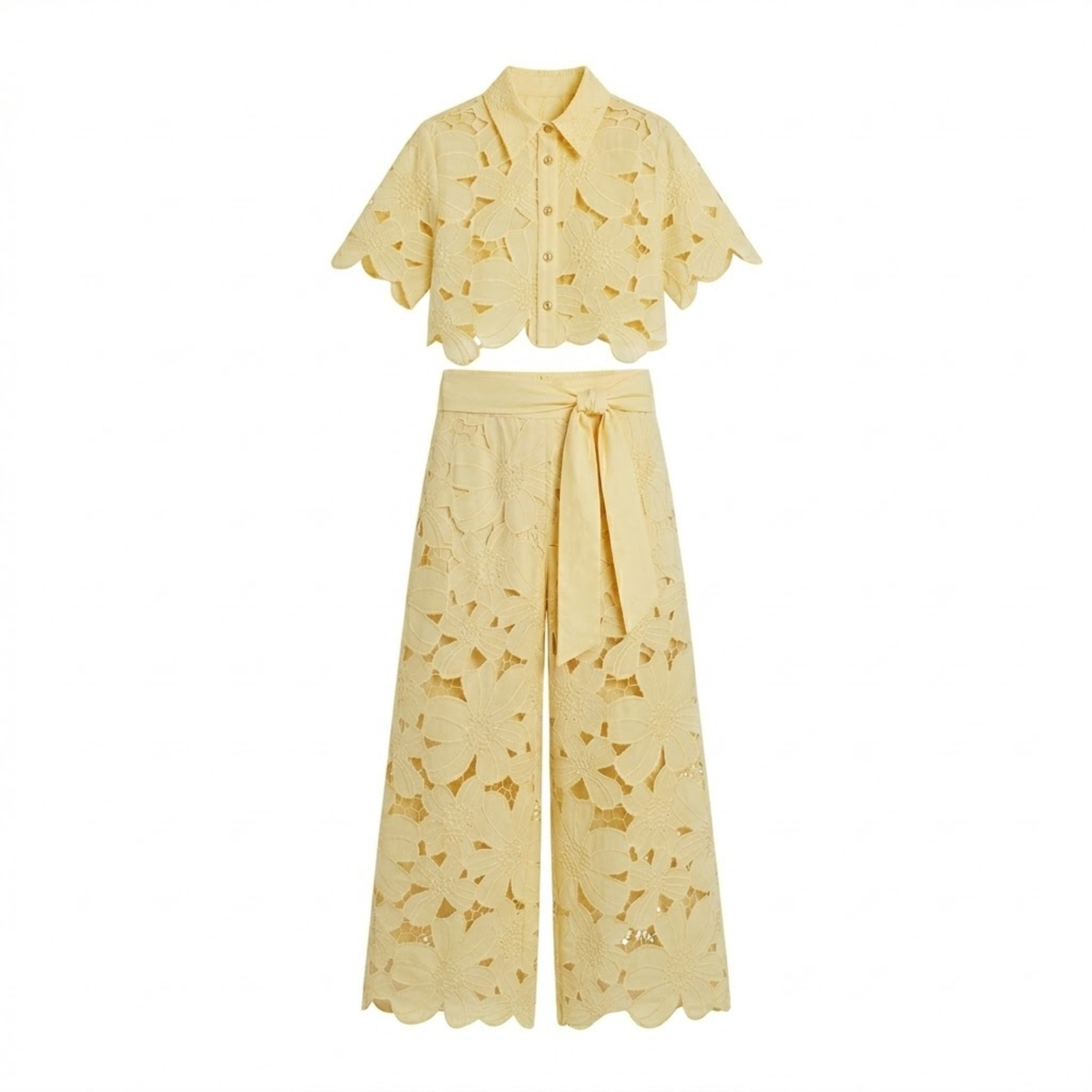 Women's Two-Piece Set with Lace Crop Top and Wide-Leg Pants