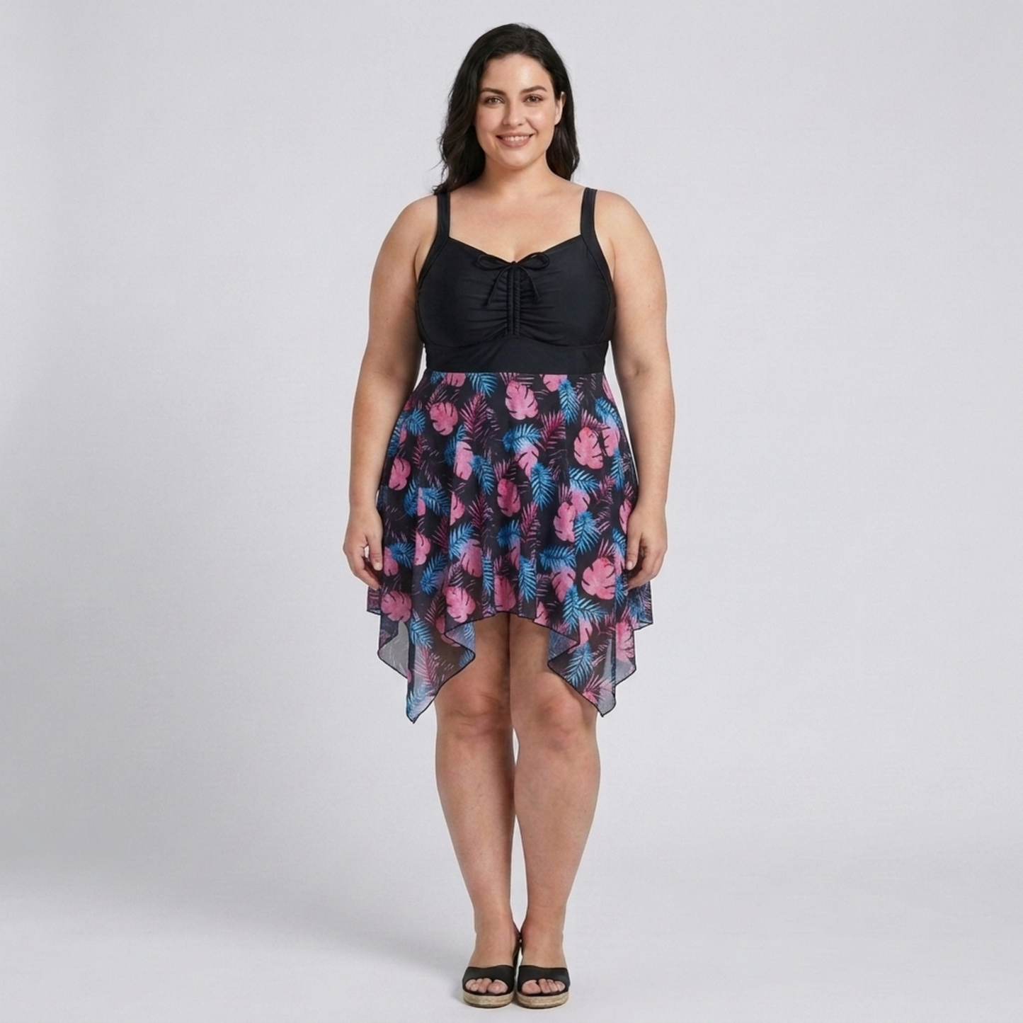 Plus Size Women's Swimsuit Dress with Printed Integrated Skirt