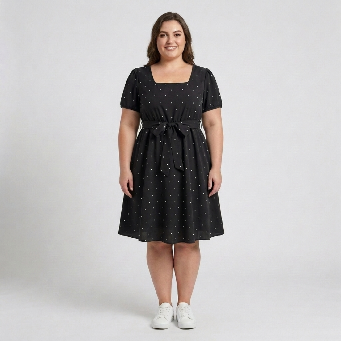 Plus Size Polka Dot Skater Dress for Women with Square Neck and Puff Sleeves