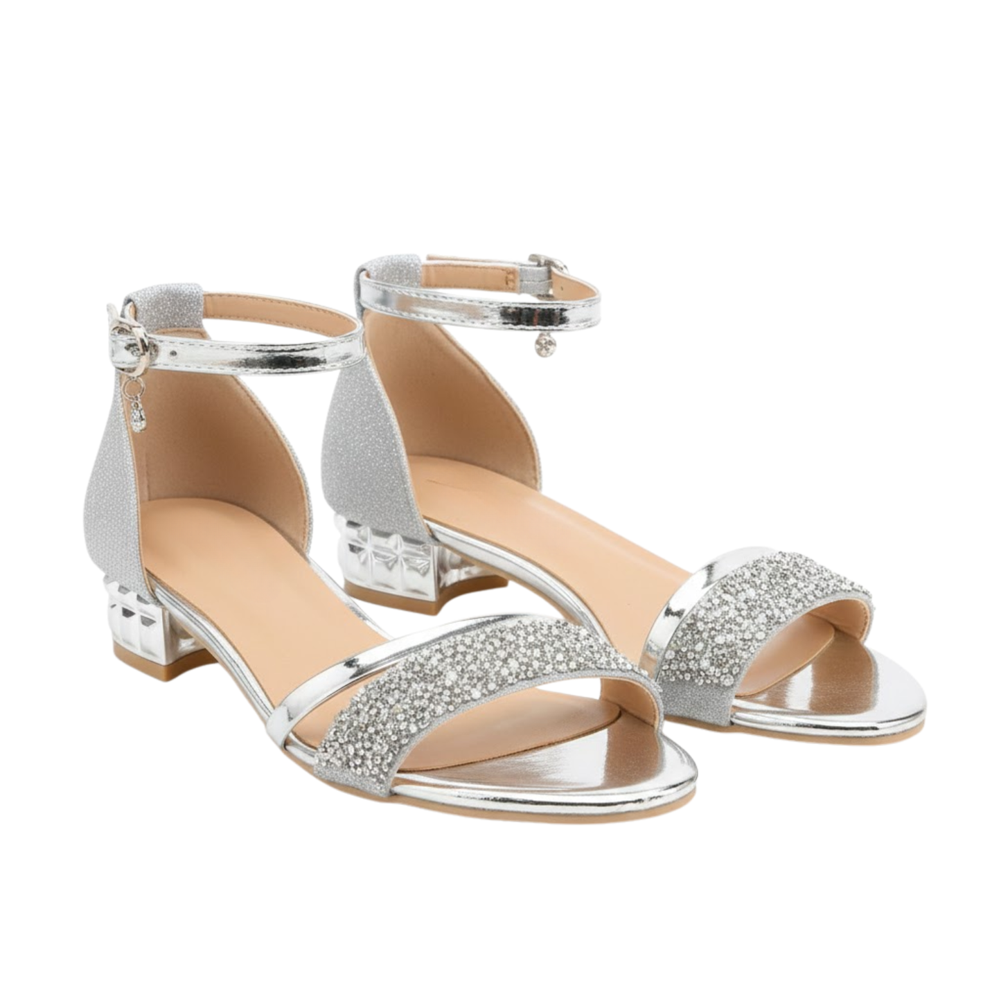 Low-heeled sandals for women with ankle strap and sparkling details