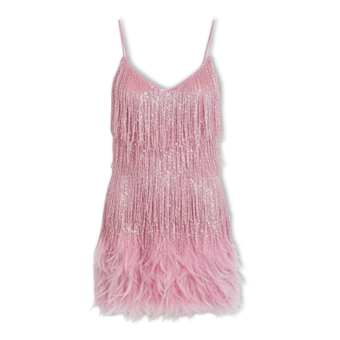 Evening gown with sequins and feathers, V-neckline, and thin straps