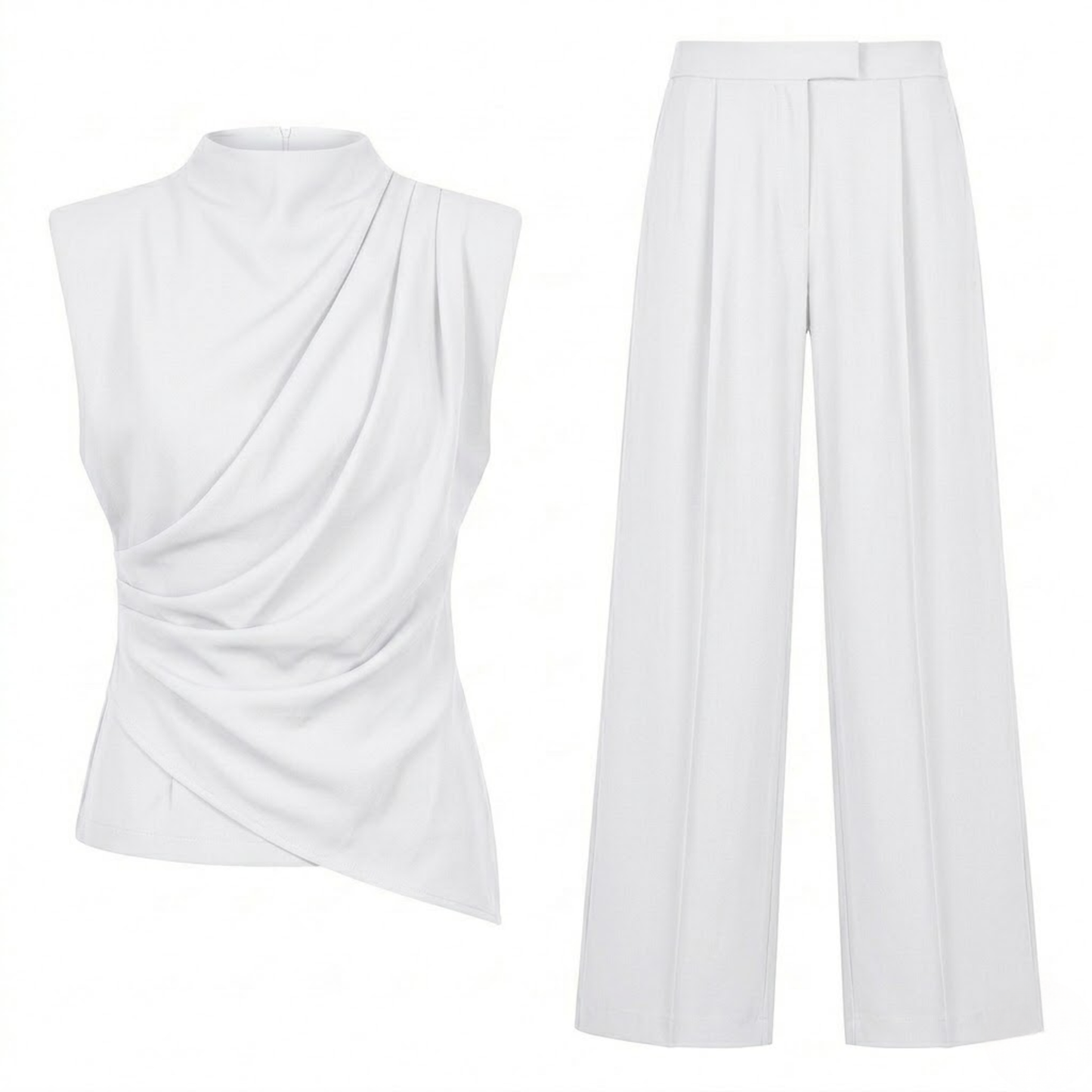 Women's Two-Piece Set with Draped Sleeveless Top and Wide-Leg Flowing Pants