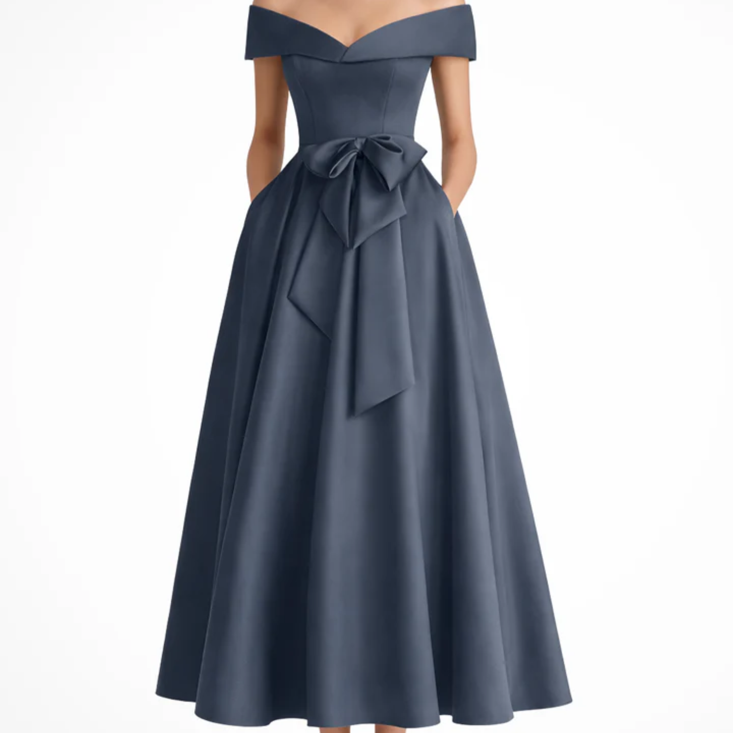Midi Flared Wedding Guest Dress with Off-Shoulder and Waist Bow