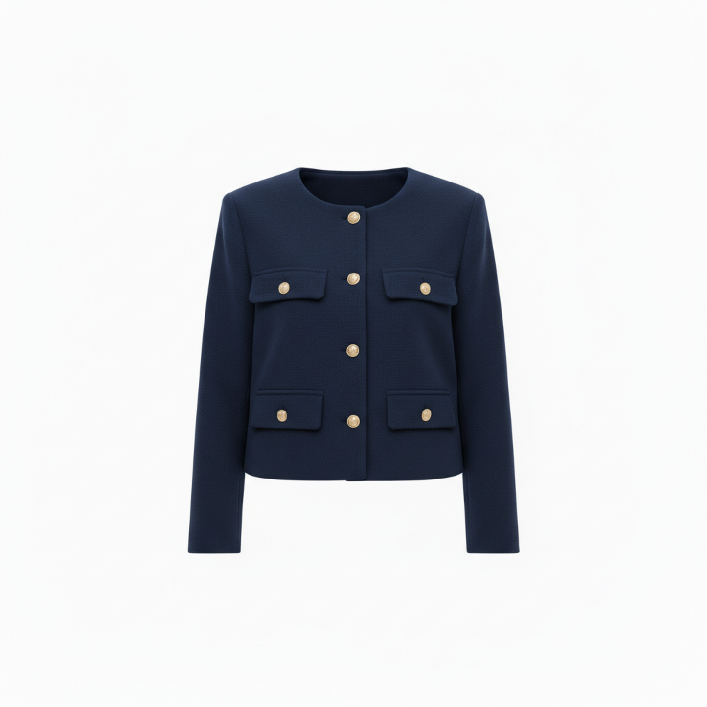 Polyester Round Neck Jacket with Gold Buttons and Pockets for Women