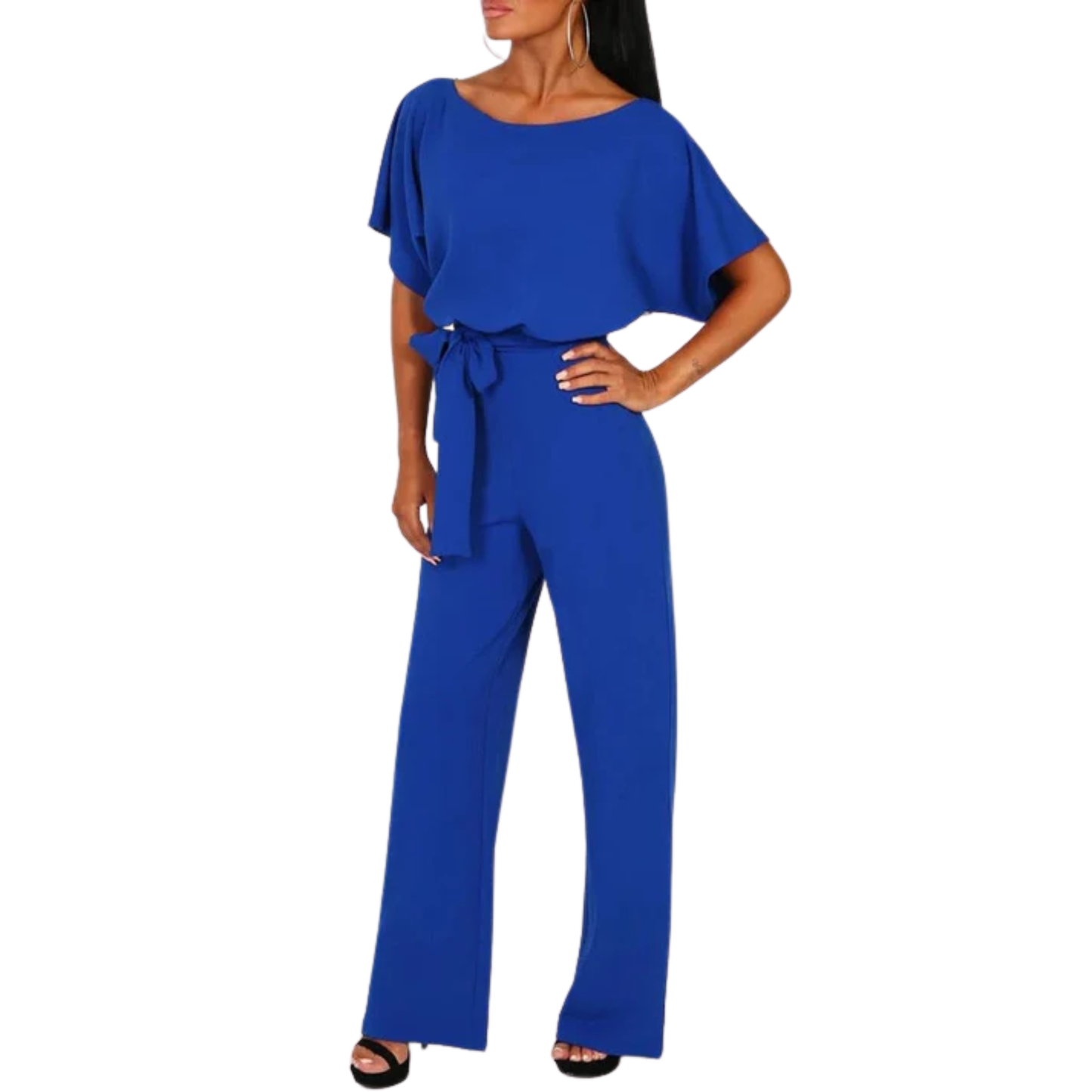 Wide-leg jumpsuit — short sleeves and belt — everyday