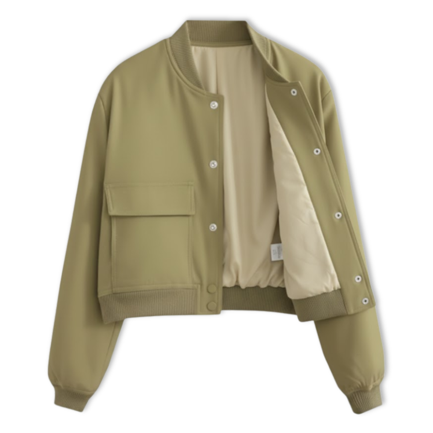 Short women's bomber jacket with snap buttons and large patch pockets