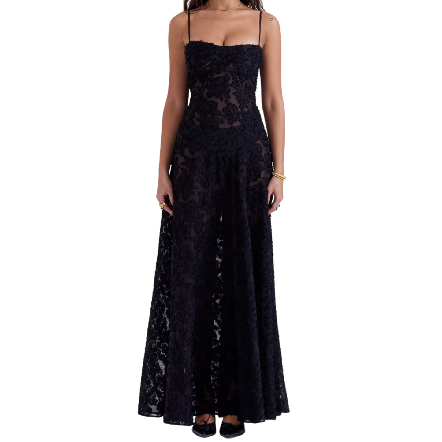 Long Evening Dress with Floral Embroidery Bustier and Flared Cut for Women