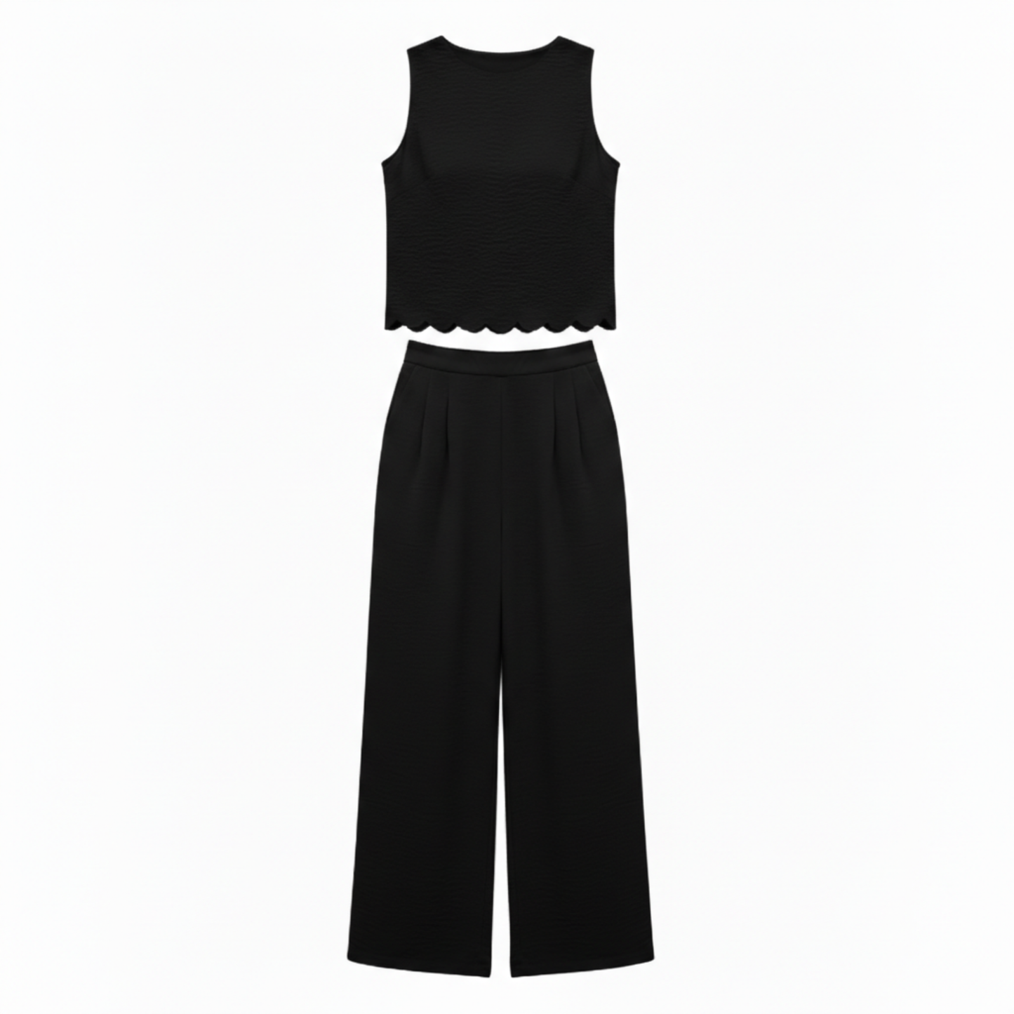Two-piece women's set: sleeveless top with scalloped edge and wide ankle-length pants