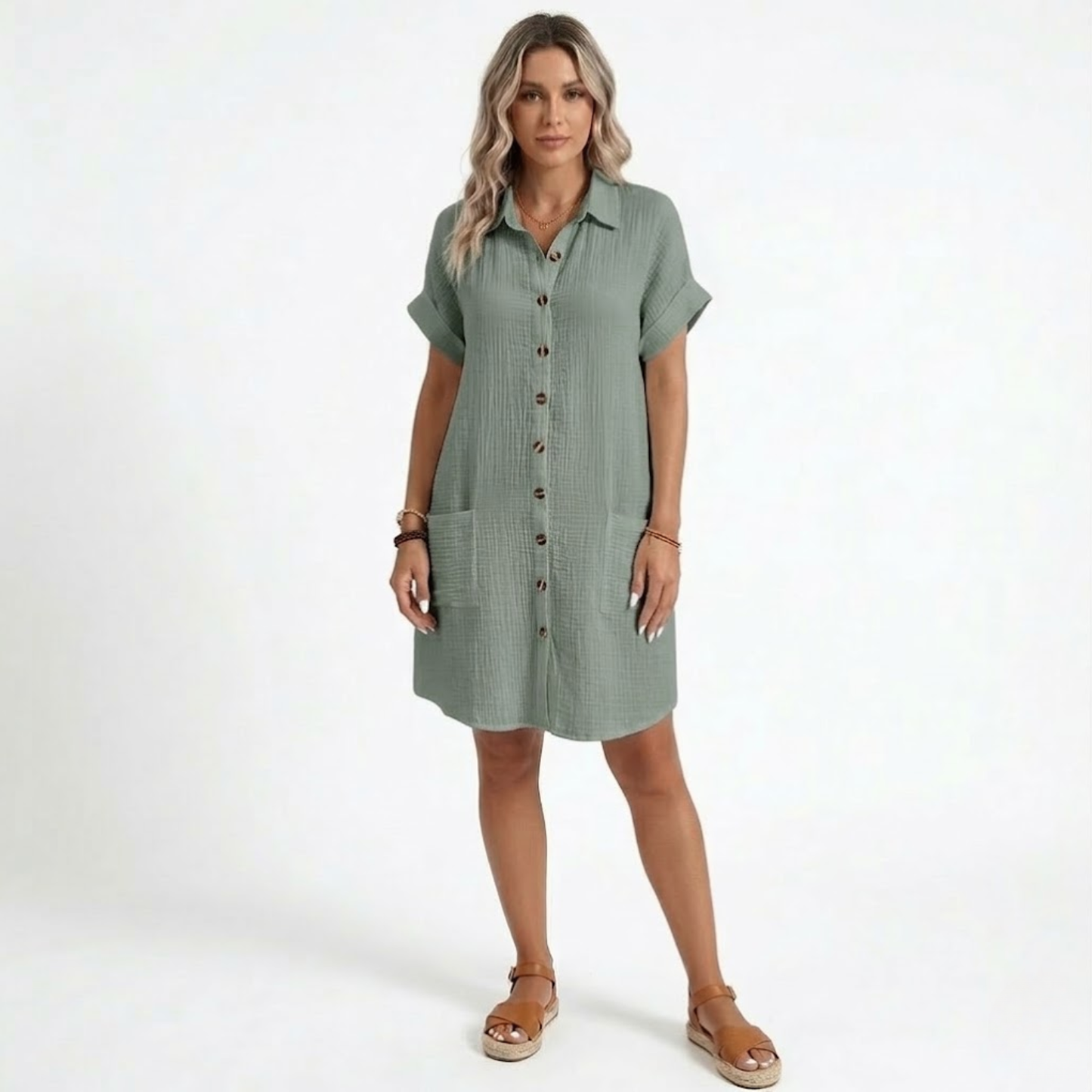 Short Cotton and Linen Dress with V-Neck and Three-Quarter Sleeves for Women