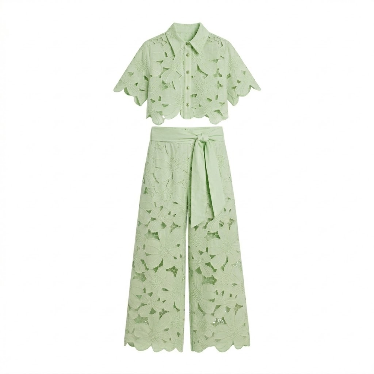 Women's Two-Piece Set with Lace Crop Top and Wide-Leg Pants