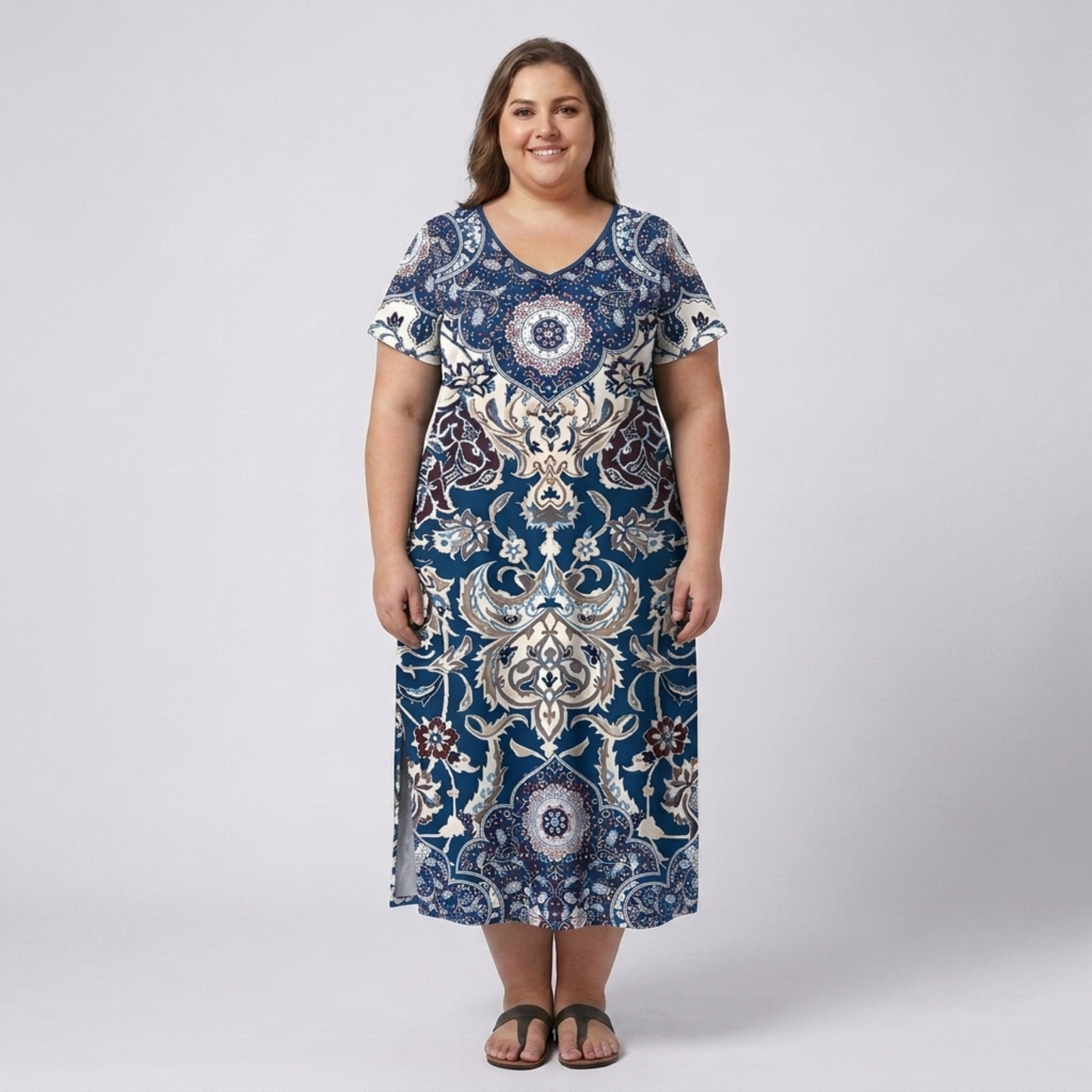 Plus size long dress for women with printed V-neck collar