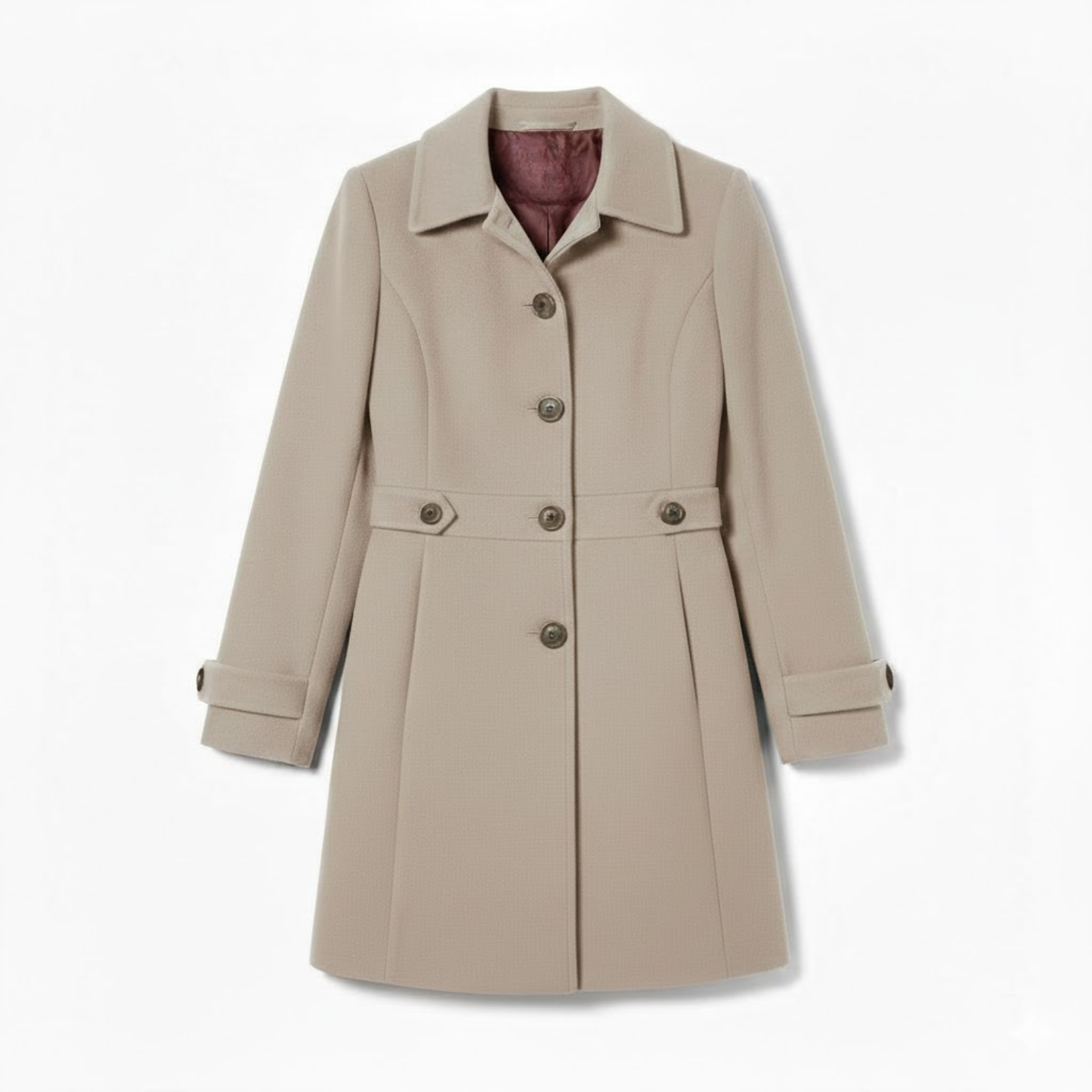 Mid-length wool coat with tailored collar and multiple buttons