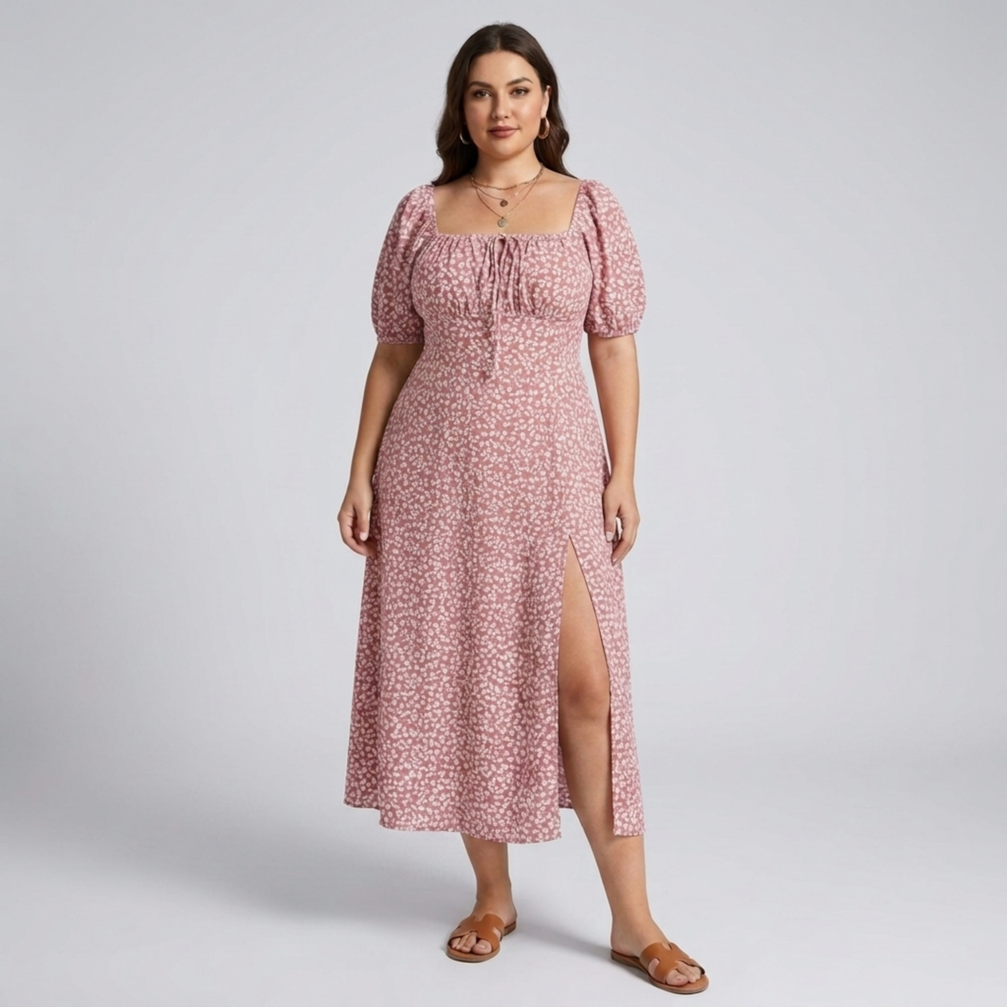 Plus size long dress with puff sleeves and print