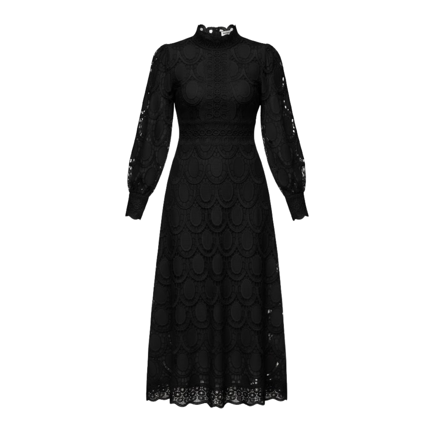Long Lace Dress with Puff Sleeves and High Collar