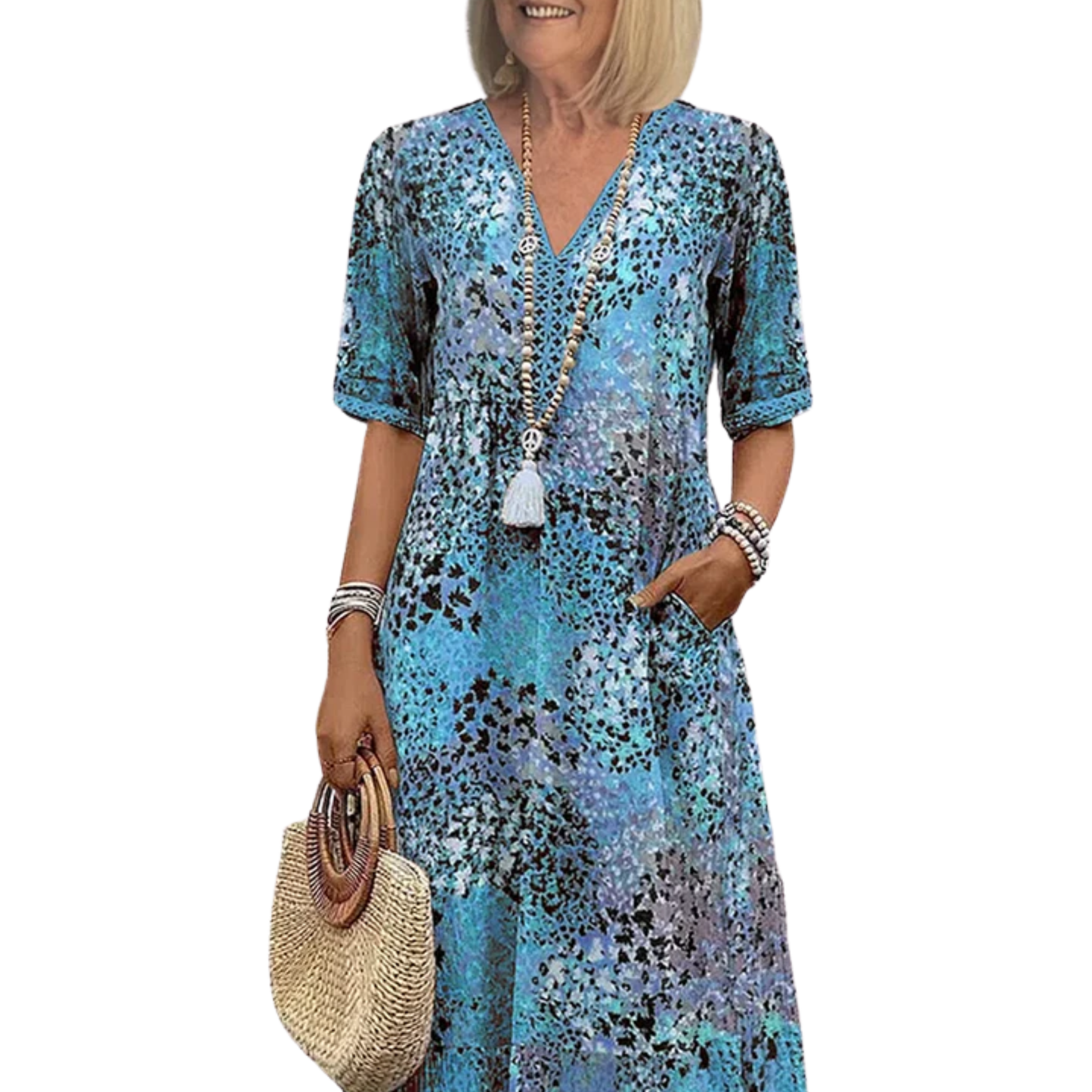 Women's mid-length flared dress — printed pattern and V-neck — casual
