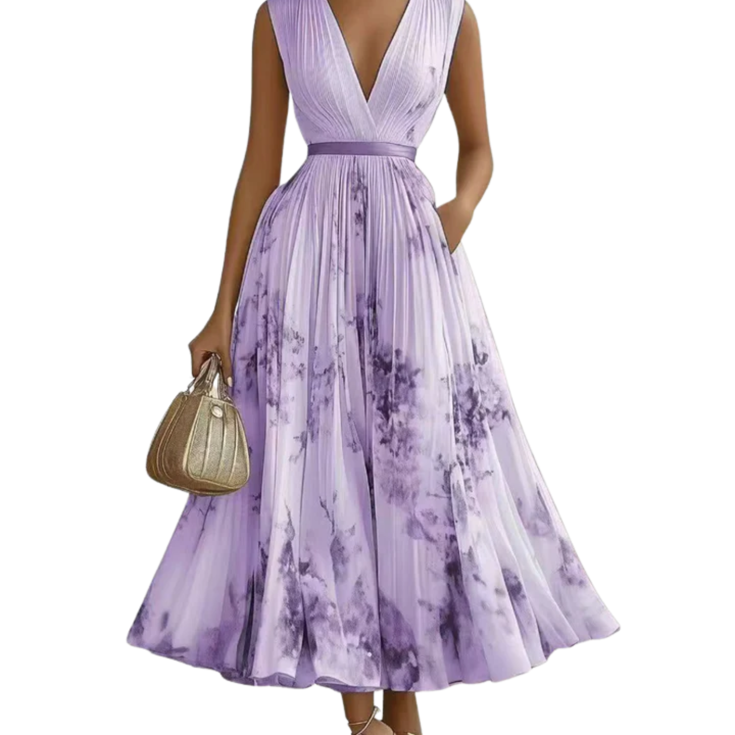 Mid-length floral dress — V-neck and pleated skirt with pockets — vacation