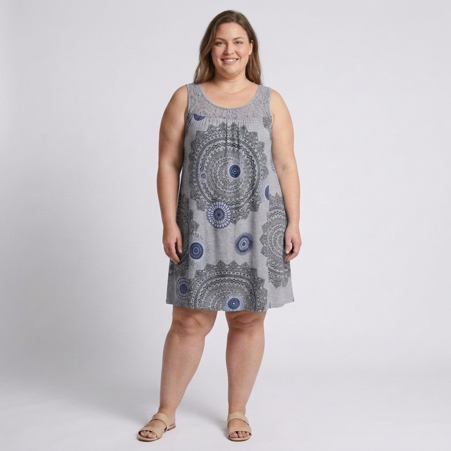 Plus Size Women's Summer Dress in Vintage Printed Cotton with Lace Details