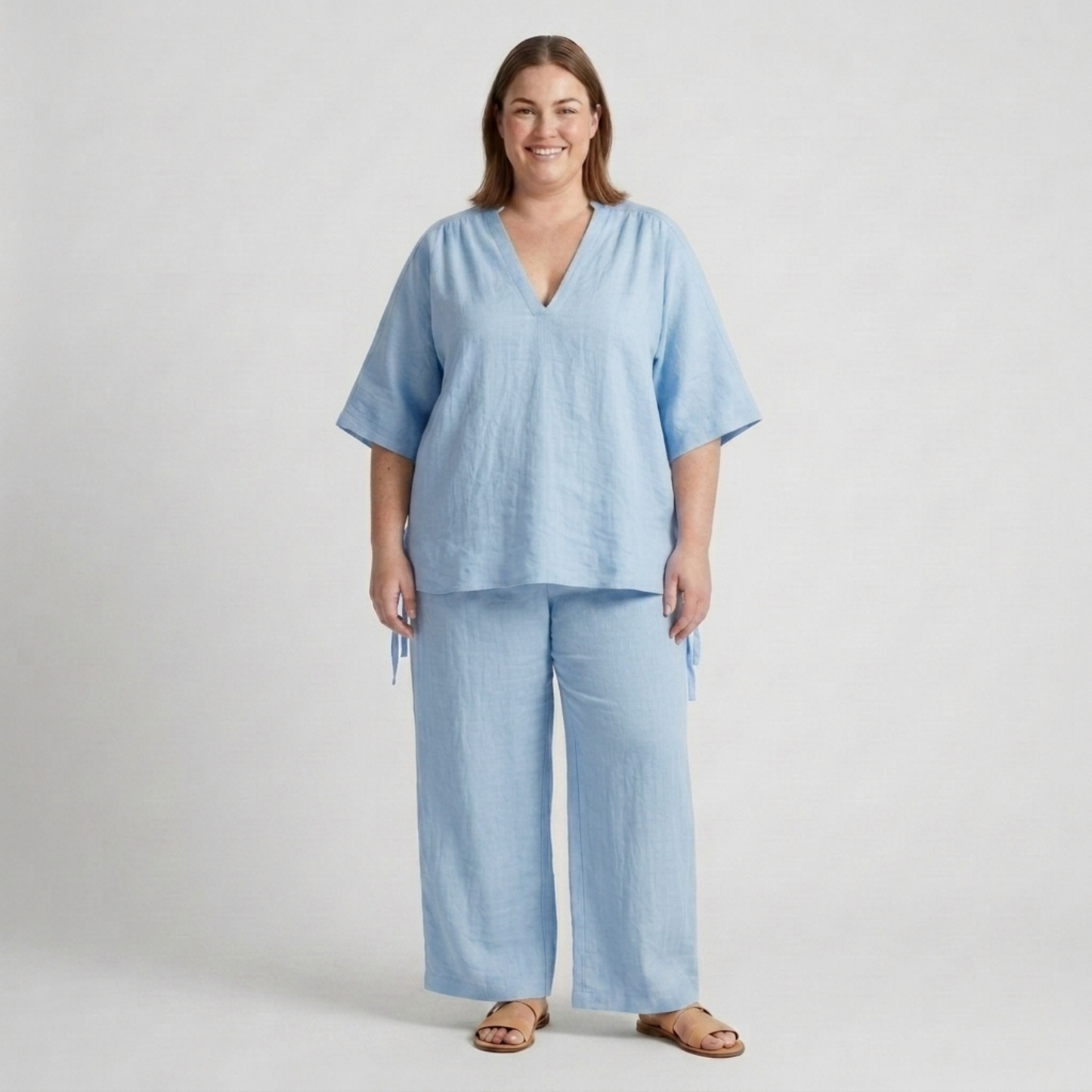 Plus size two-piece set for women with loose V-neck top and flowy pants