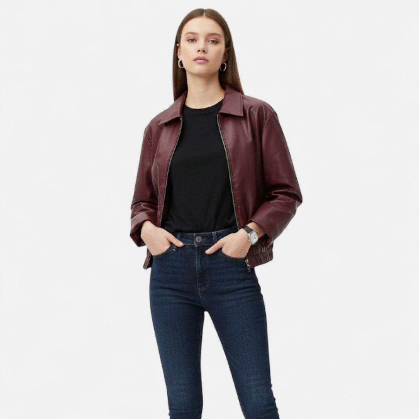 Ancient World | Vintage Bordeaux Leather Jacket for Women