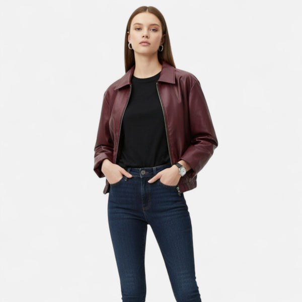 Ancient World | Vintage Bordeaux Leather Jacket for Women