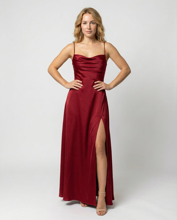 Women's long cocktail dress - elegant draped with thin straps - wedding