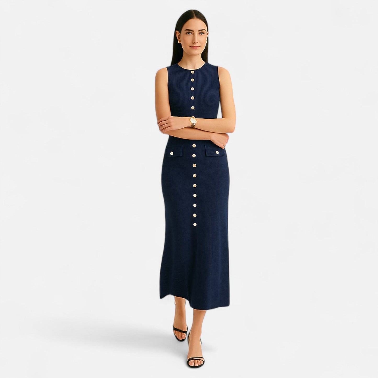 Ancient World | Long Knit Dress with Buttons for Women – Sleeveless Summer Elegance