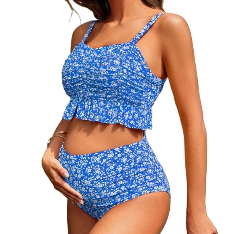 Two-piece maternity bikini swimsuit with ruffles
