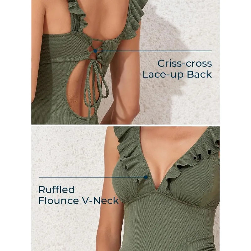 Maternity Monokini Swimsuit with Lace-Up V-Neck
