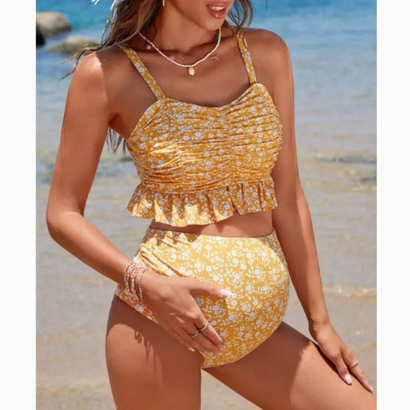 Two-piece maternity bikini swimsuit with ruffles