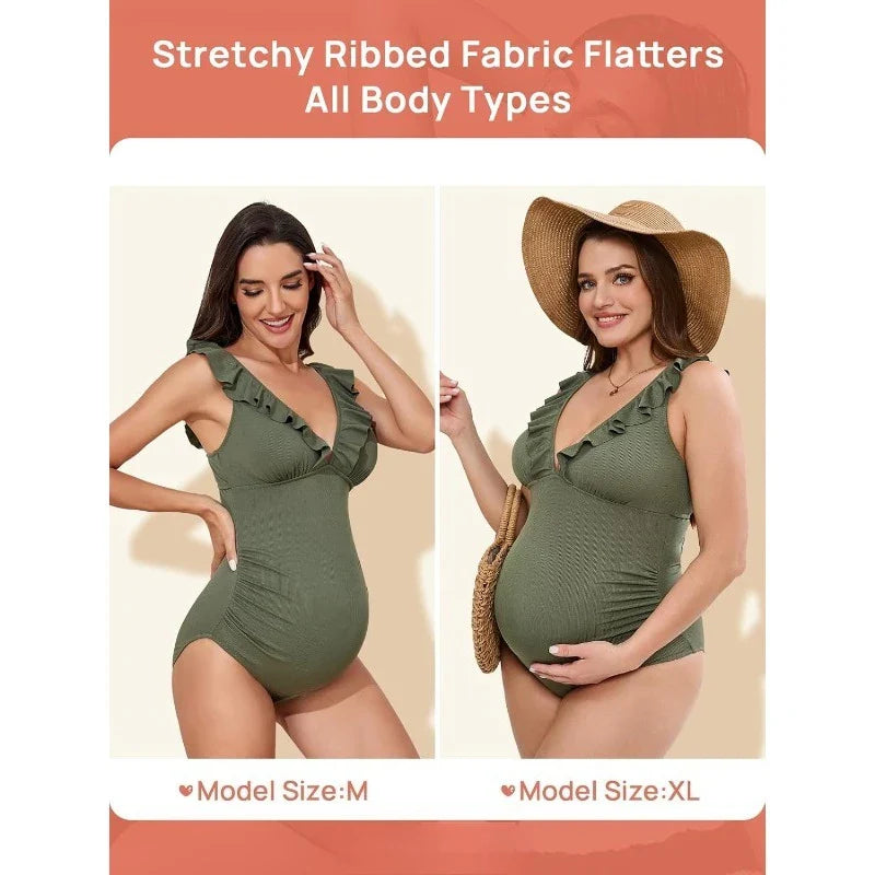 Maternity Monokini Swimsuit with Lace-Up V-Neck