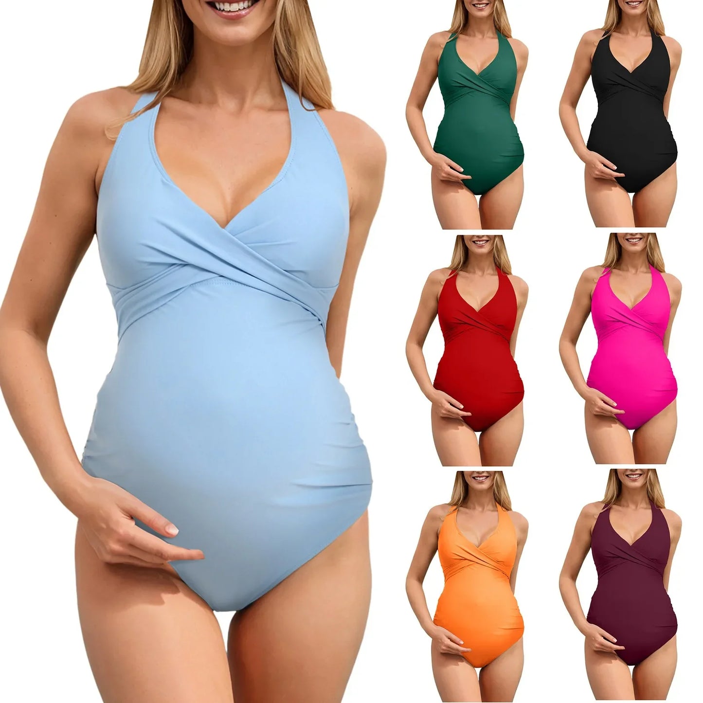 Maternity one-piece swimsuit with a low back cut