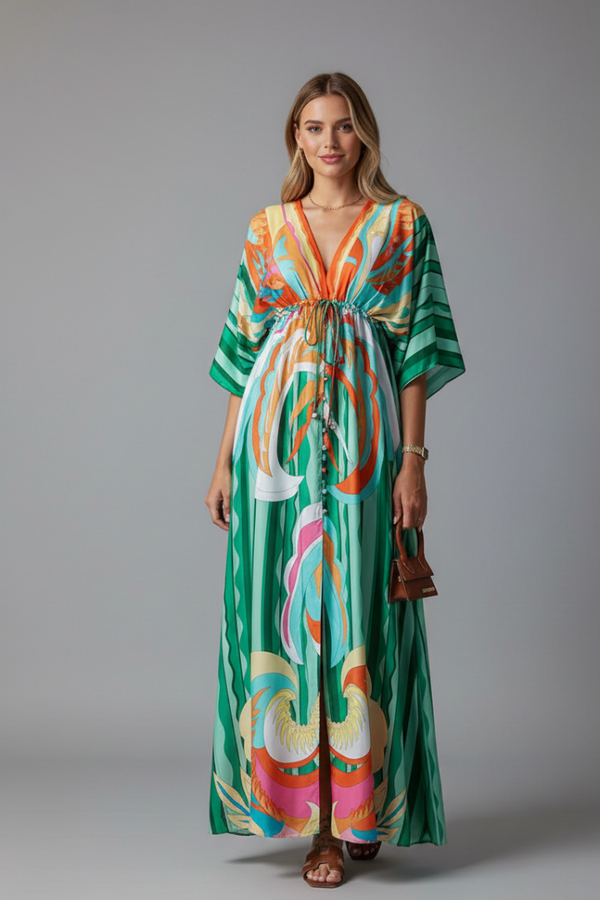 Long dress for women — loose fit printed with drawstring | vacation