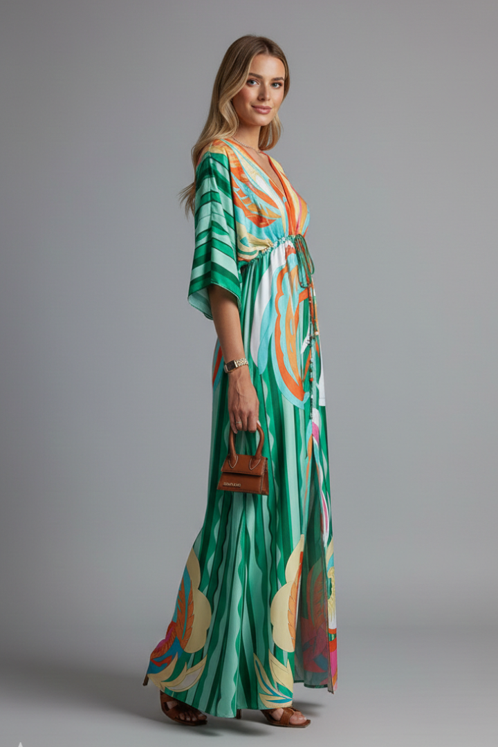 Long dress for women — loose fit printed with drawstring | vacation