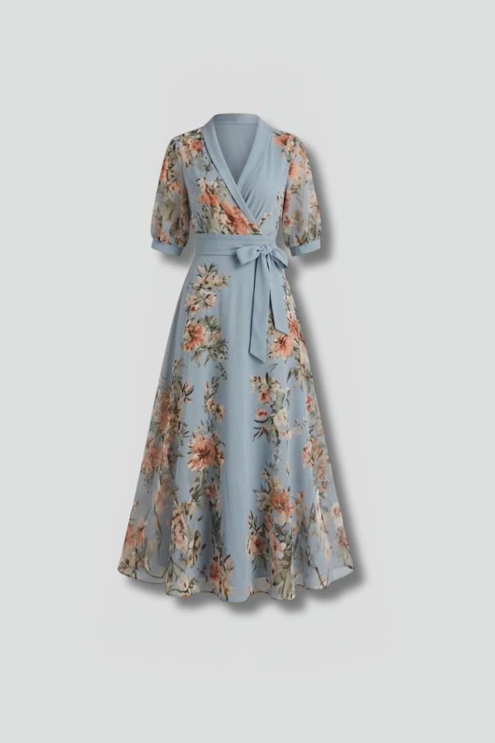 Mid-length dress for women — flared model with floral print printed