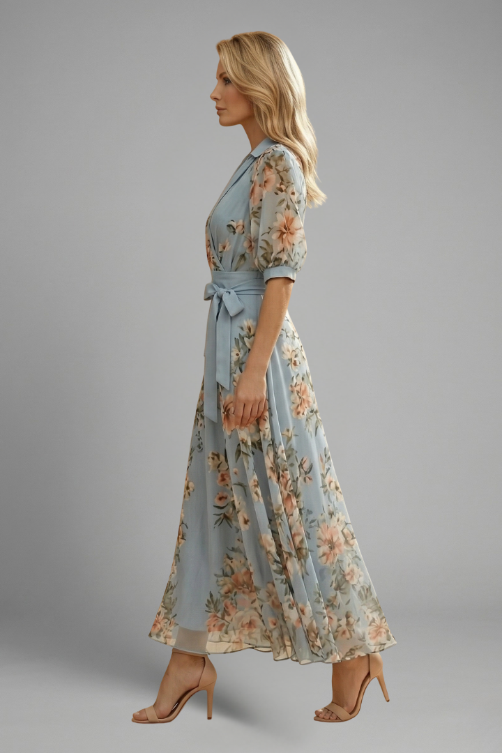 Mid-length dress for women — flared model with floral print printed
