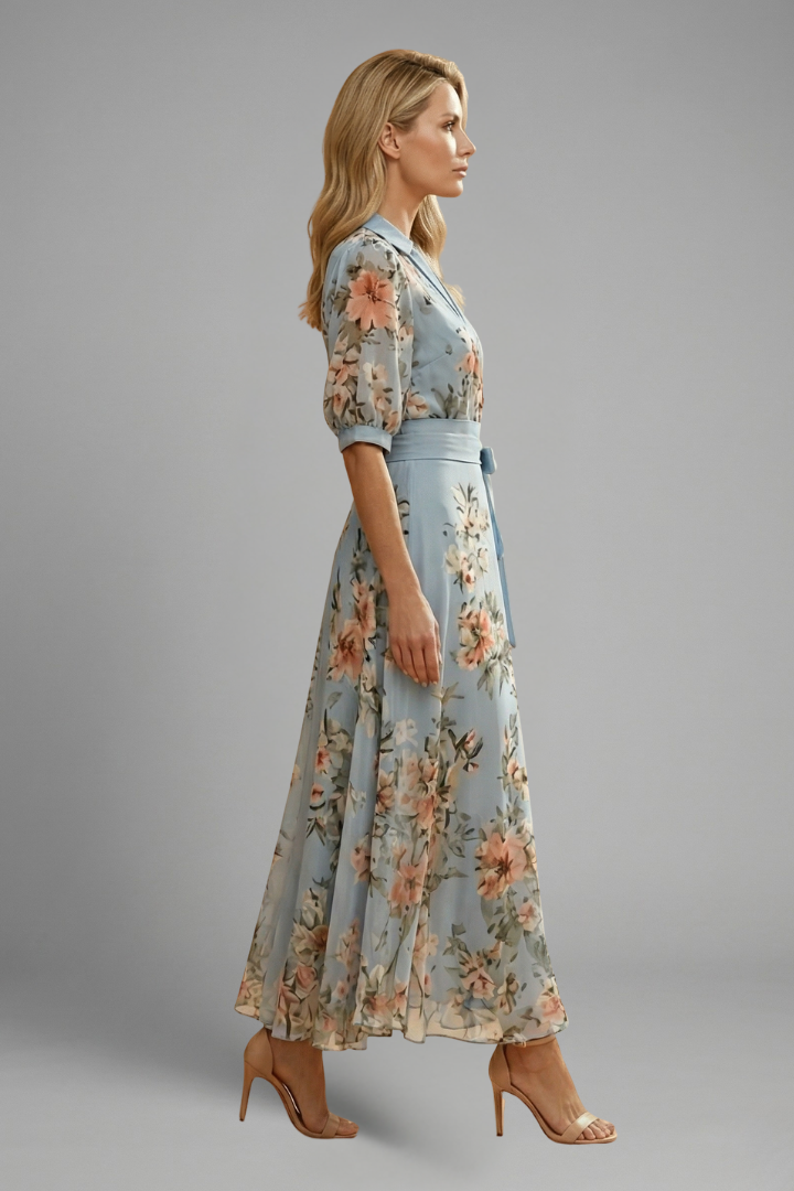 Mid-length dress for women — flared model with floral print printed