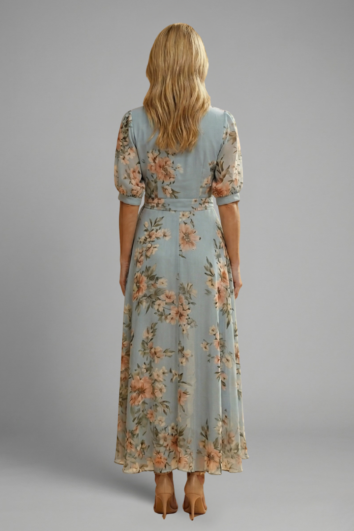 Mid-length dress for women — flared model with floral print printed
