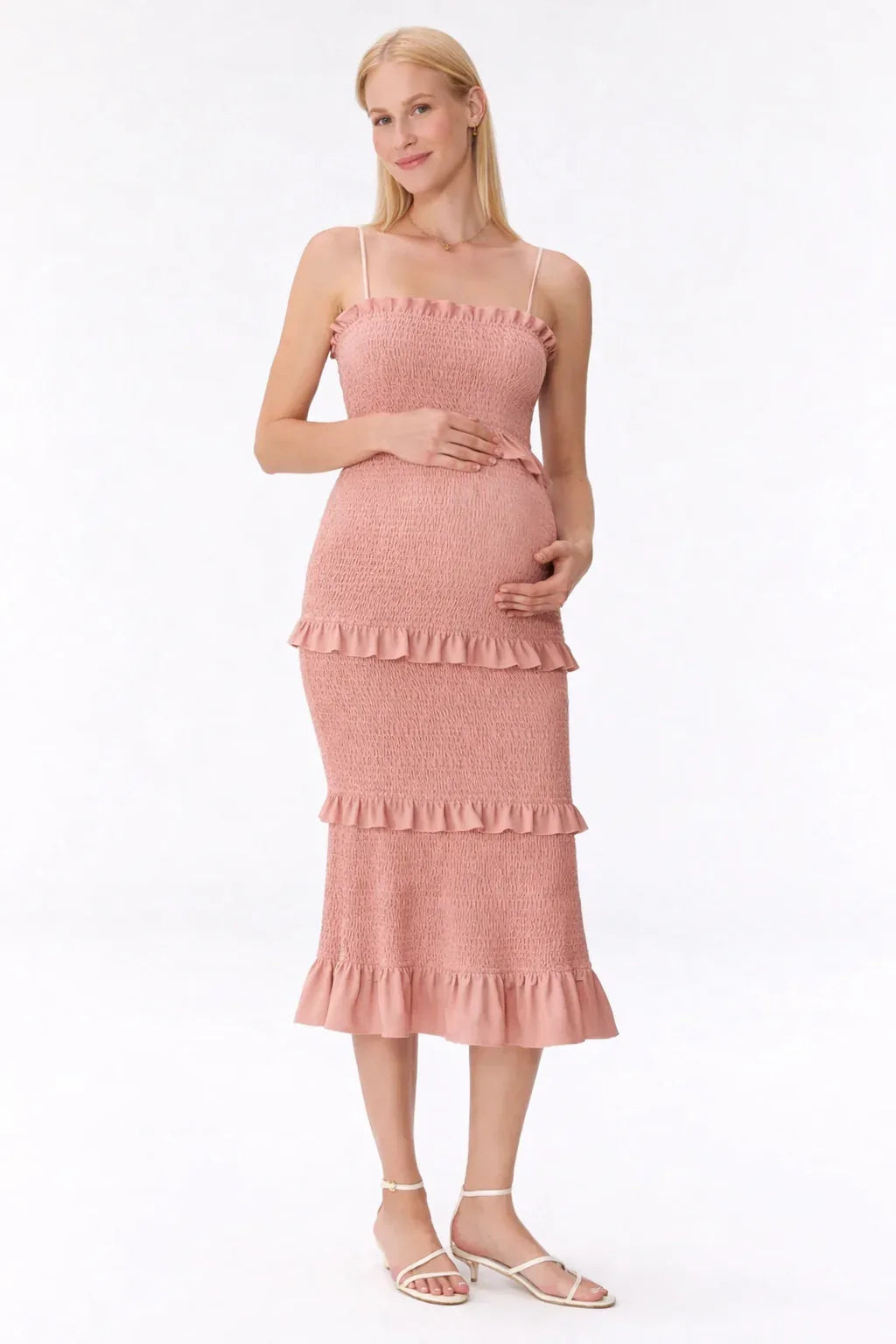 Midi maternity smocked dress with ruffles