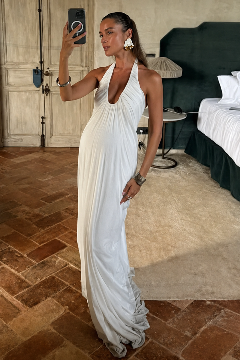 Long Pleated Maternity Dress with Open Back