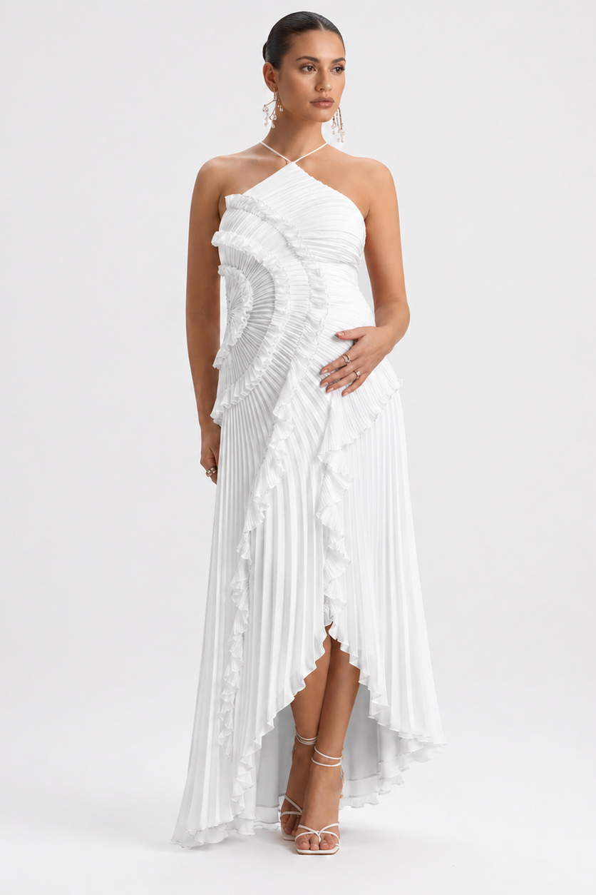 Long Pleated Maternity Dress with Open Back