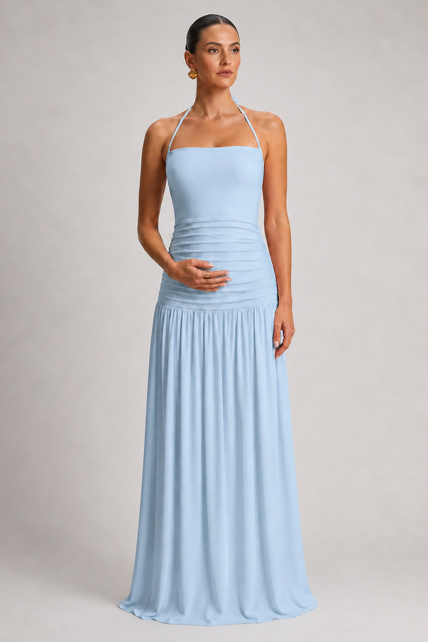 Long Pleated Maternity Dress with Open Back