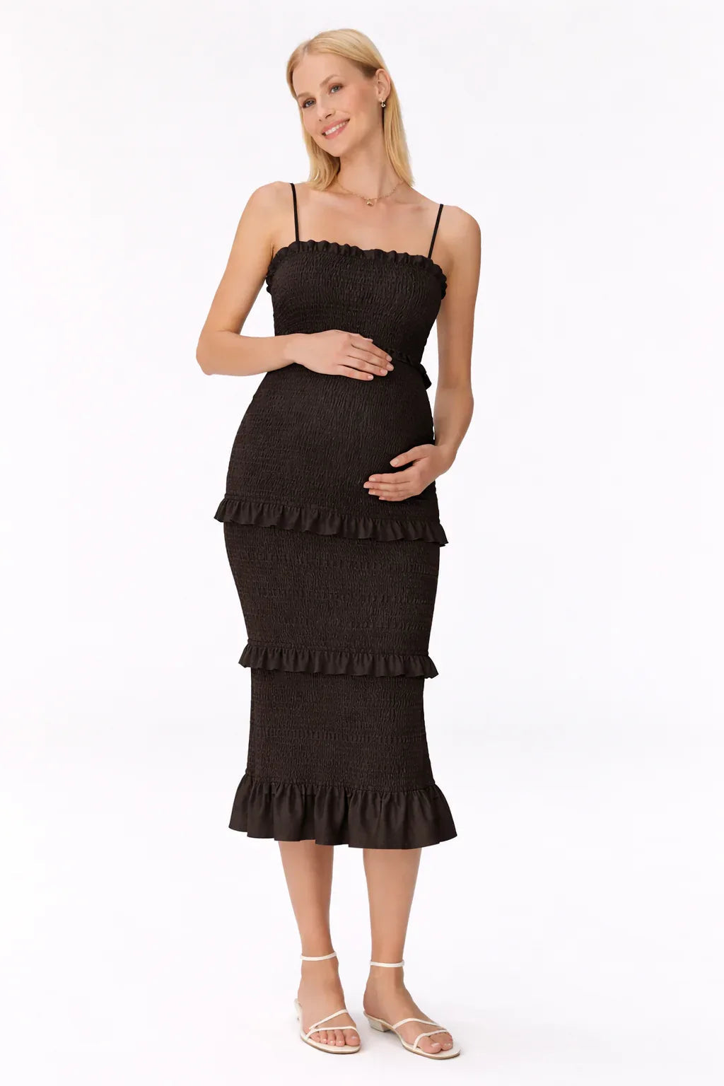 Midi maternity smocked dress with ruffles