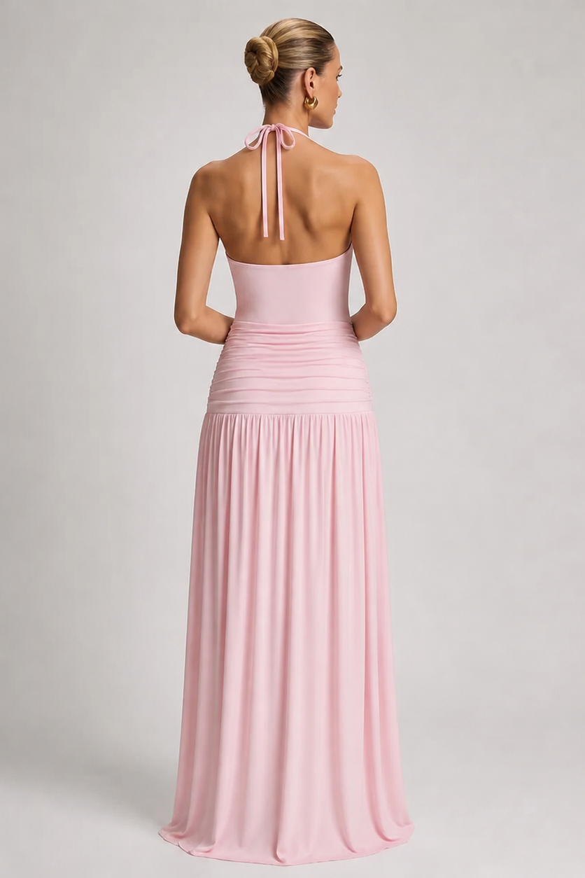 Long Pleated Maternity Dress with Open Back