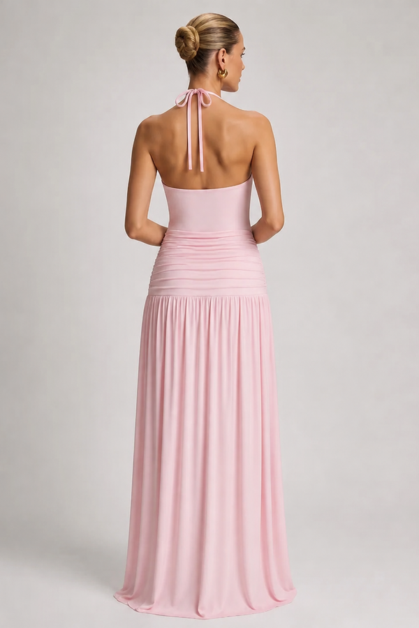 Long Pleated Maternity Dress with Open Back
