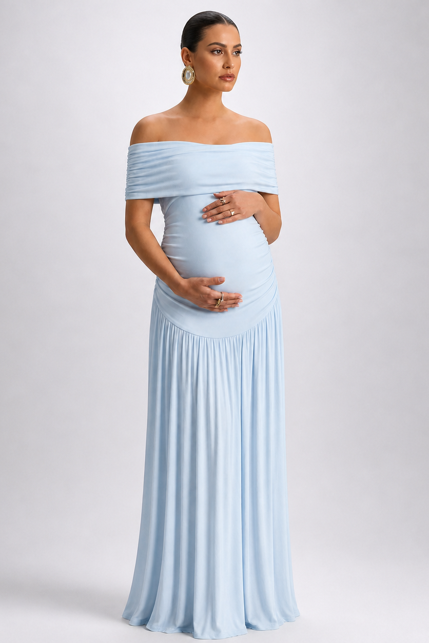 Long Maternity Dress with Off-Shoulder Design for Pregnancy