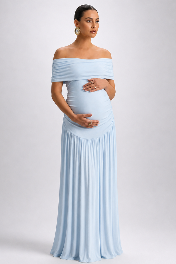 Long Maternity Dress with Off-Shoulder Design for Pregnancy