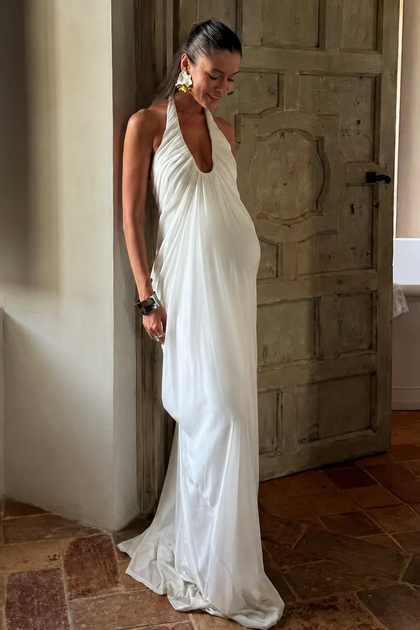 Long Pleated Maternity Dress with Open Back