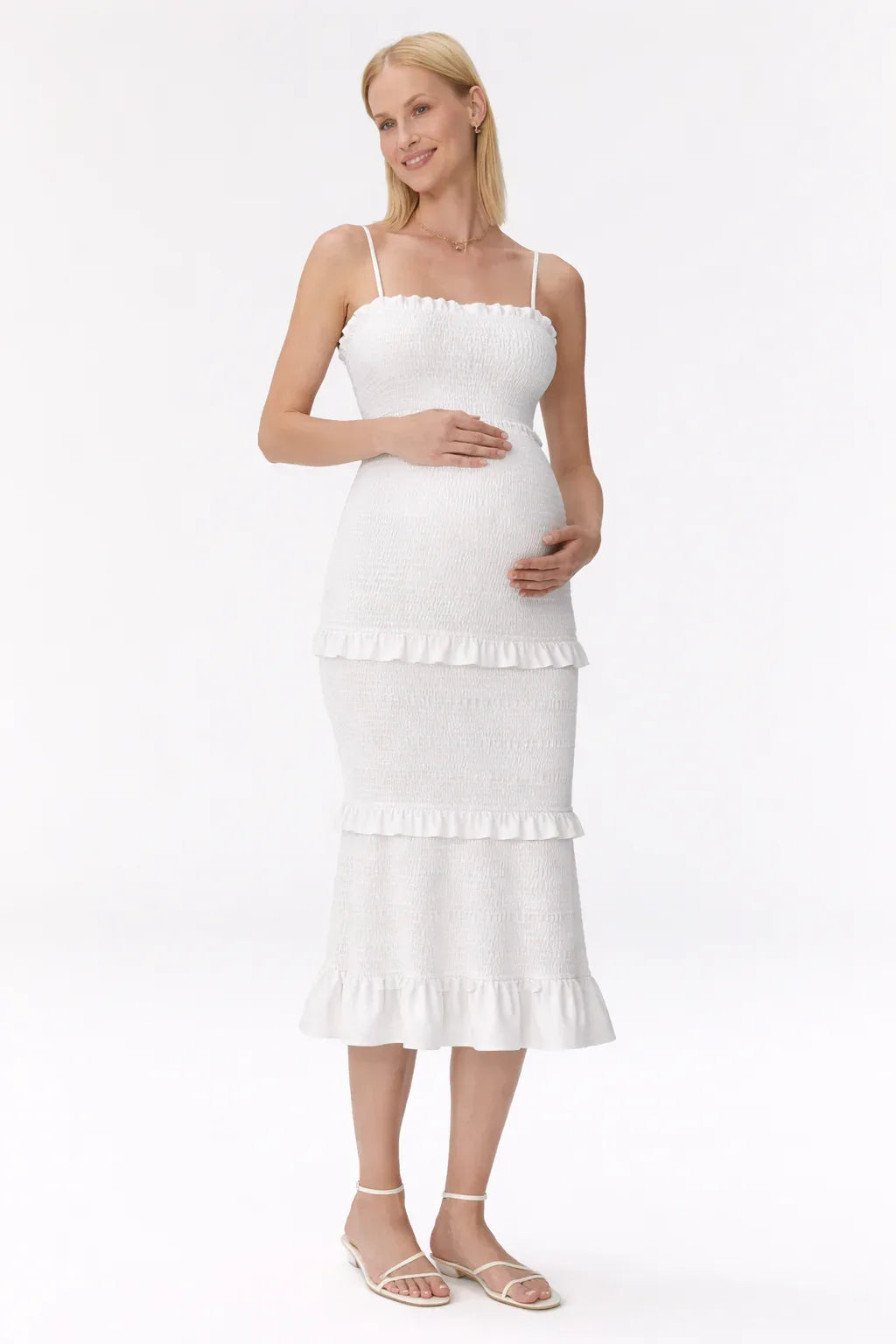 Midi maternity smocked dress with ruffles