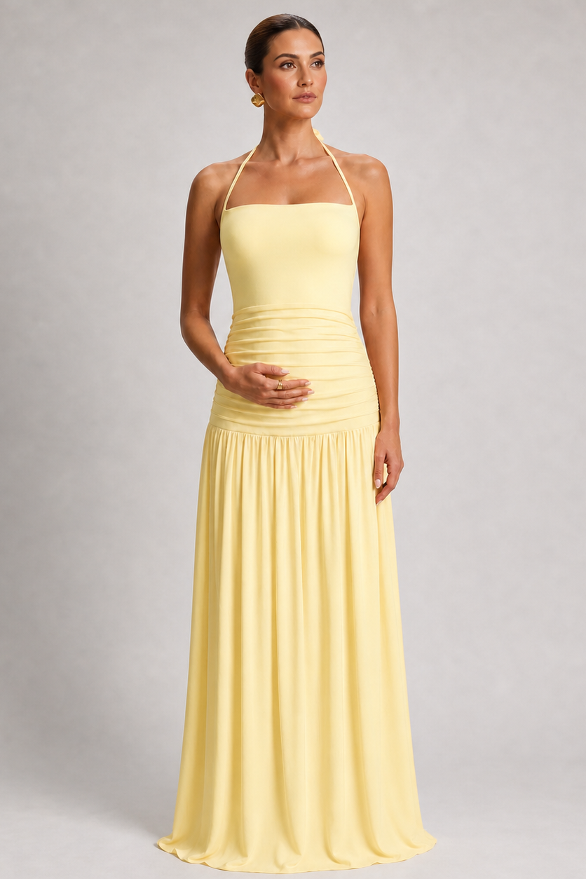 Long Pleated Maternity Dress with Open Back