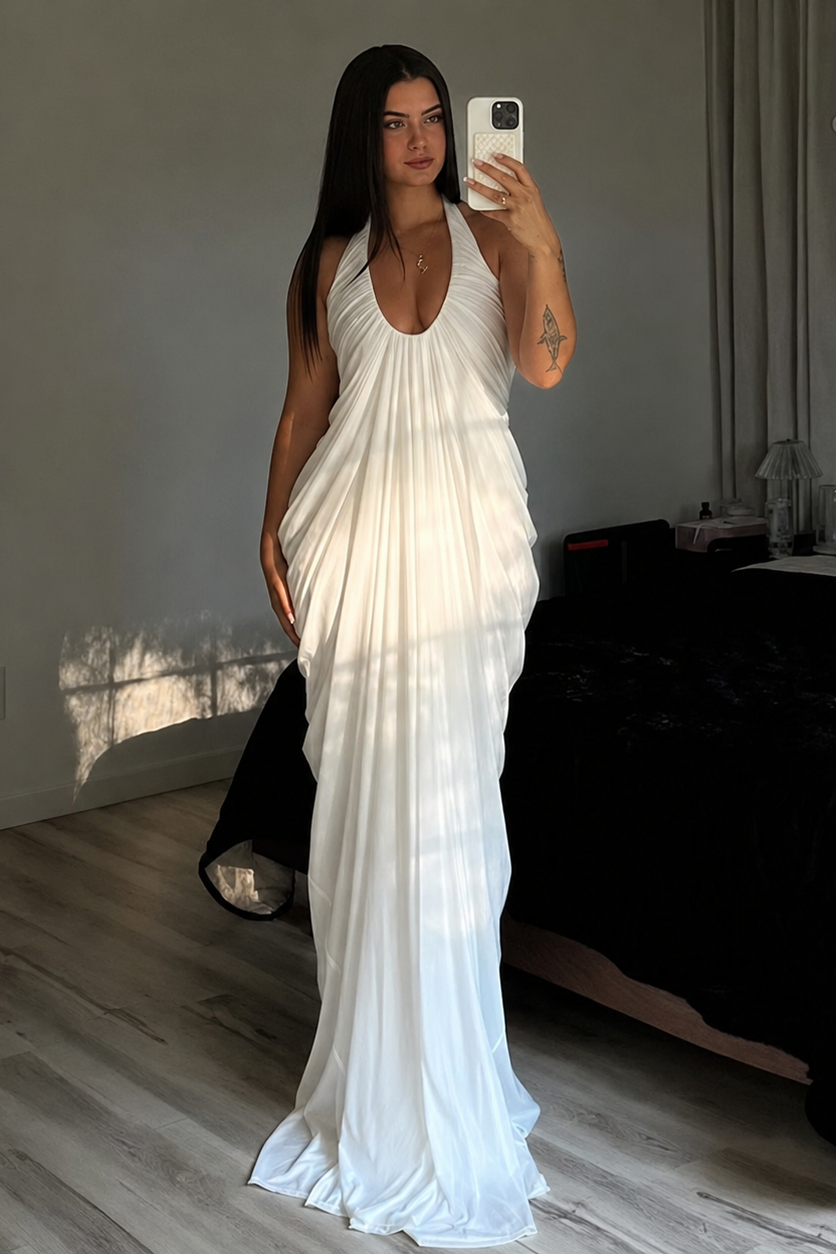 Long Pleated Maternity Dress with Open Back